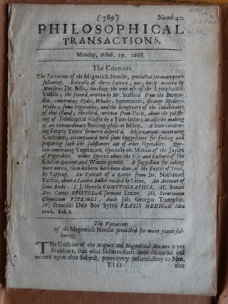 Item #100173 Philosophical Transactions, No. 40, Monday October 19, 1668 (The Variations of the...