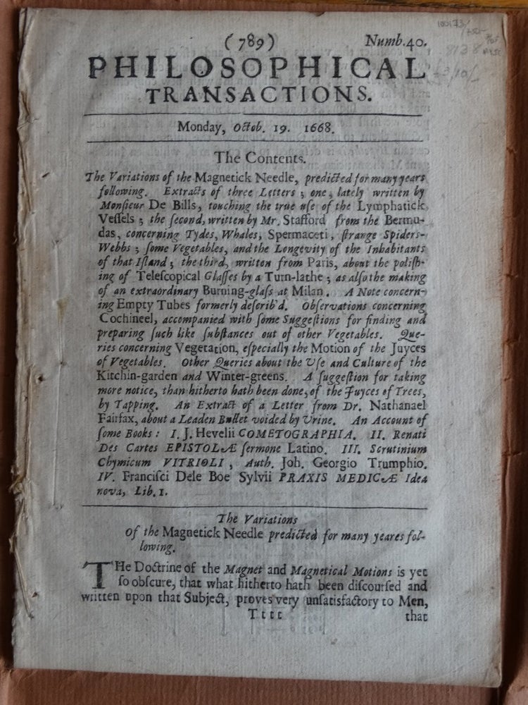 Item #100173 Philosophical Transactions, No. 40, Monday October 19, 1668 (The Variations of the Magnetick Needle)