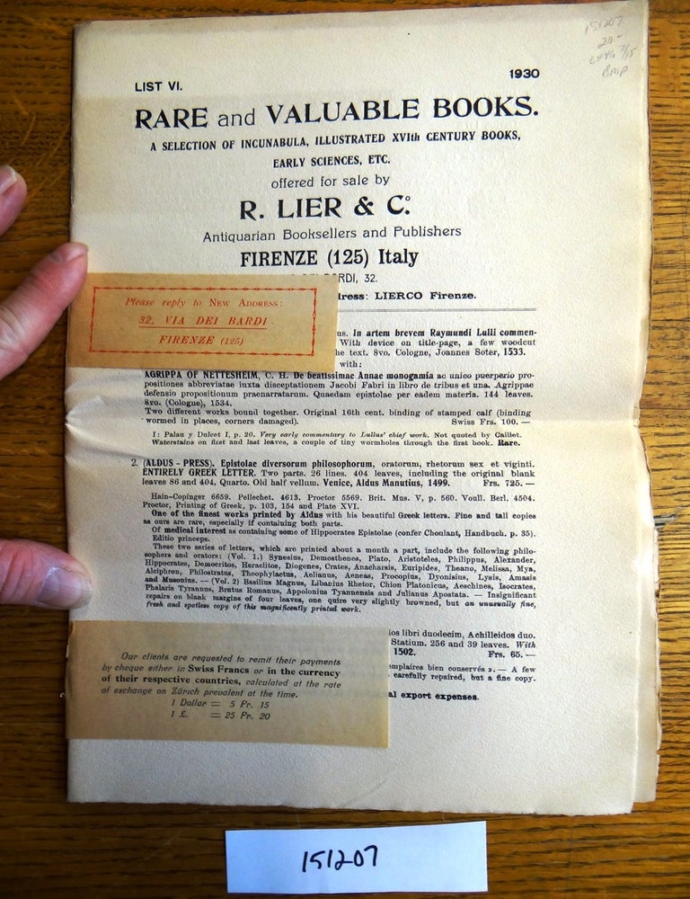 Item #151207 Rare and Valuable Books. A Selection of Incunabula, Illustrated XVIth Century Book, Early Sciences, Etc. (List VI). R. Lier, Co.