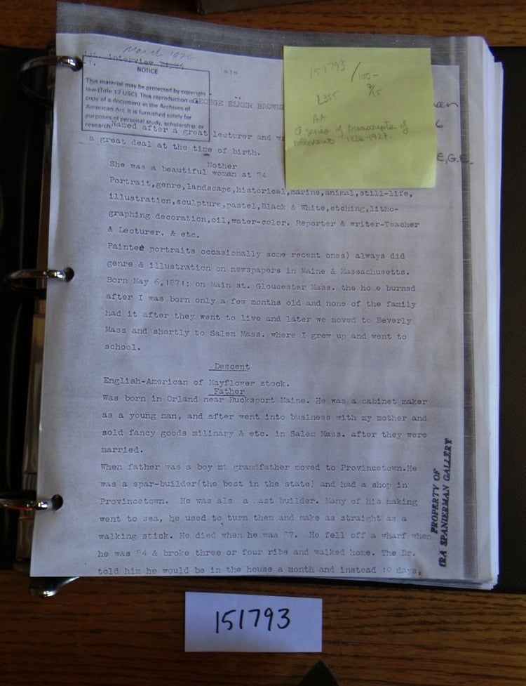 Item #151793 George Elmer Browne, A. N. A. [transcripts of interviews with DeWitt McClellan Lockman]