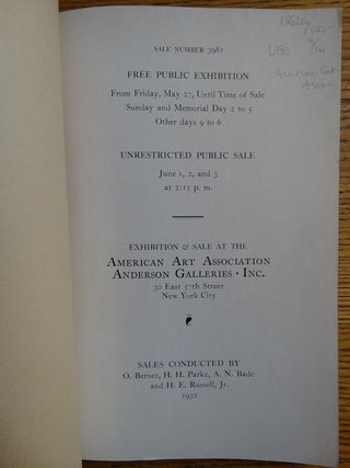 Furniture and Decorations: Tapestries of Flemish, Aubusson, and other weaves, Oriental rugs, paintings and engravings, linens, laces, brocades, velvets, silver and Sheffield plate, also an entire session of Chinese porcelains, pottery, minerals, including a very important Imperial Ch'ien-Lung carved white jade vase, antique Chinese rugs, furniture. Sold by Order of Various owners including Armand Tokatyan, New York City (Sale Number 3981)