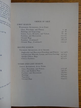 Furniture and Decorations: Tapestries of Flemish, Aubusson, and other weaves, Oriental rugs, paintings and engravings, linens, laces, brocades, velvets, silver and Sheffield plate, also an entire session of Chinese porcelains, pottery, minerals, including a very important Imperial Ch'ien-Lung carved white jade vase, antique Chinese rugs, furniture. Sold by Order of Various owners including Armand Tokatyan, New York City (Sale Number 3981)