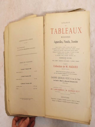 Catalogue des Tableaux Modernes, Aquarelles, Pastels, Dessins Par Barye, Bonvin, E. Boudin, Boulard, Jules Breton, Caillebotte, Cezanne, Charlet, Gustave Colin, Courbet, Daubigny, Decamps, Eug. Delacroix, Fantin-Latour, Gauguin, Hervier, Jongkind, Le Sidaner, Loiseau, Ed. Manet, J.F. Millet, Cl. Monet, Moreau-Nelaton, Pissarro, P.-A Renoir, Th. Rousseau, Sisley, Tassaert, Vuillefroy, Etc. Nombreuses Oeuvres de Cals, Corot, Daumier, Guillaumin, S. Lepine, Vignon Composant la Collection de M. Hazard. Premiere Partie